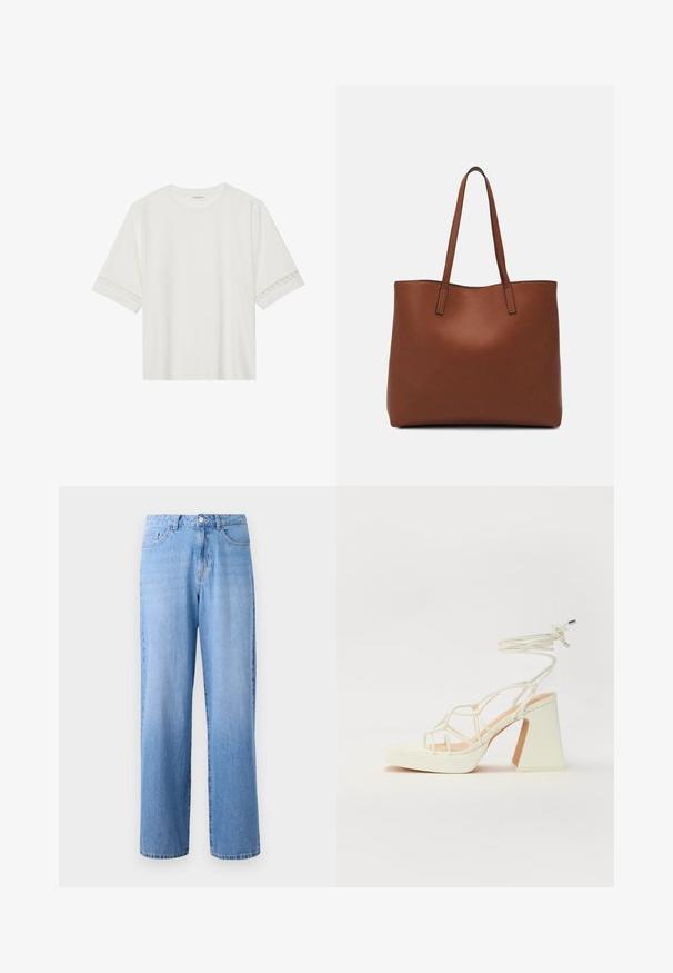 T-shirt branco de manga curta feito de algodão, com bainha de renda decorativa nas mangas e decote redondo.; Calças de ganga de perna larga em azul claro, com uma cintura alta, cinco bolsos e um fecho de botão clássico. O tecido tem uma textura ligeiramente desbotada.; Sandálias brancas de salto alto com um salto robusto, apresentando um design com tiras e amarração no tornozelo. Textura suave com uma plataforma na frente para altura adicional.; Bolsa tote de couro castanho com uma textura suave, design de abertura superior e duas alças para o ombro. Apresenta costura mínima e sem hardware visível.