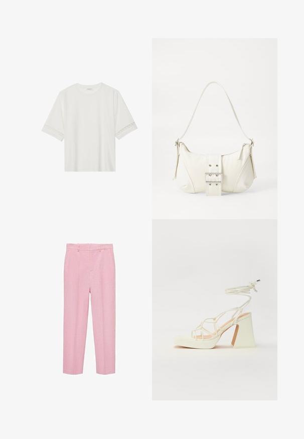 Witte korte mouwen t-shirt van katoen, met een decoratieve kantafwerking langs de mouwen en een ronde halslijn.; Lichtroze broek van een gestructureerde stof, met een rechte pijp, riemlussen en schuine zakken aan de voorkant. Geen zichtbare patronen.; Witte hoge hakken sandaal met een chunky hak, met een bandjesontwerp en enkelband. Gladde textuur met een plateau voor extra hoogte.; Witte schoudertas met een gestructureerde afwerking, een centrale gesp accent, en een gebogen vorm. Ritssluitingen aan beide zijkanten.