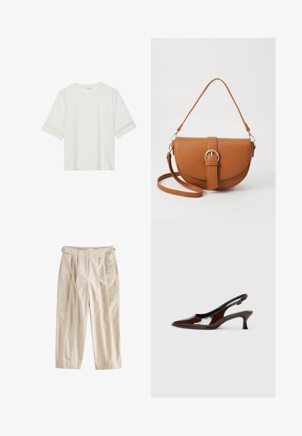 Fehér, rövid ujjas póló, pamutból készült, díszes csipkés szegéllyel az ujjak mentén és kerek nyakkivágással.; Next Nadrágok - stone; Barna lakkbőr slingback cipő hegyes orral és mérsékelt sarkal. Biztonságos illeszkedést biztosító csattal rendelkezik. Sima textúra.; Barna bőr keresztbody táska ívelt formával, aranyszínű fémrészekkel és csat díszítéssel. Levehető vállpánttal rendelkezik.