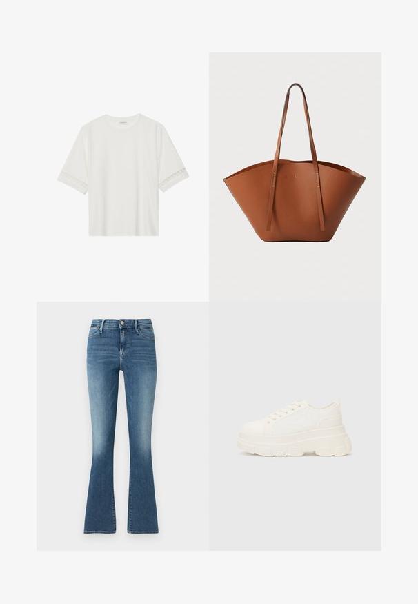 Hvit t-skjorte med kort erme laget av bomull, med dekorativ blondekant langs ermene og en rund halslinning.; Falmede, blå denim bell-bottom jeans med højt liv, knaplukning, fem-lomme design og subtile syninger langs sømmene.; Hvit kanvas sneakers med chunky såle, avrundet tå og fem hull for snøringer. Bakre tab for enkel påkledning. Glatt tekstur, minimalistisk design.; Brun skinn totebag med en bred, strukturert form, tynne håndtak og en teksturert overflate. Har et minimalistisk design uten synlige detaljer.