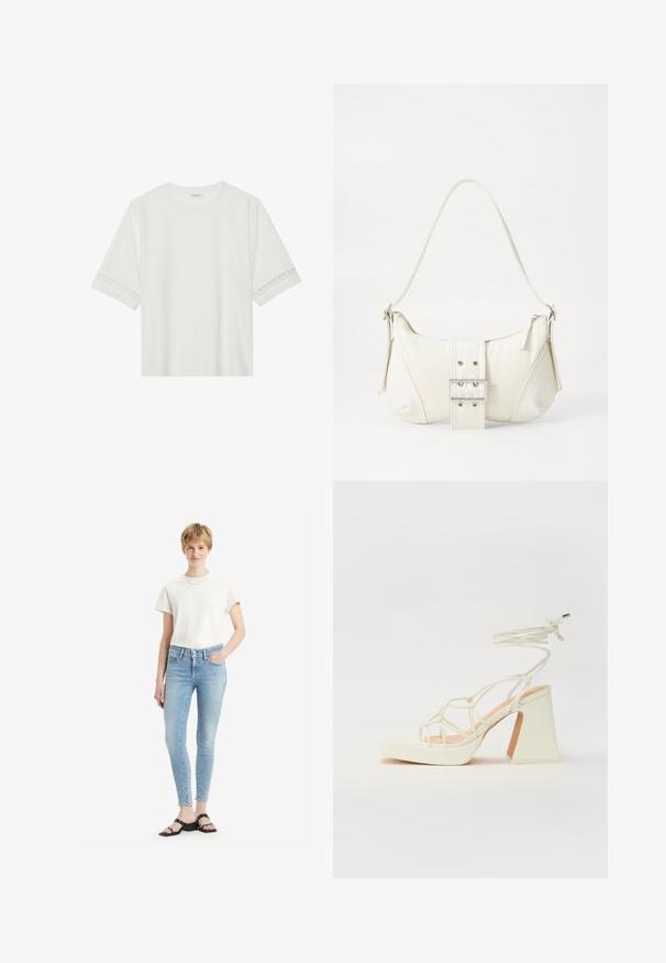 Fehér, rövid ujjas póló, pamutból készült, díszes csipkés szegéllyel az ujjak mentén és kerek nyakkivágással.; Világoskék, magas derekú, skinny farmernadrág, puha denimből, krémszínu pamut pólóval és fekete pántos szandállal párosítva.; Fehér, magassarkú szandál vastag sarokkal, pántos dizájnnal és bokapánttal. Sima textúra, elülső platformmal a megnövelt magasság érdekében.; Fehér válltáska texturált felülettel, középen csattogó részlettel és íves formával. Cipzáras záródás mindkét oldalon.