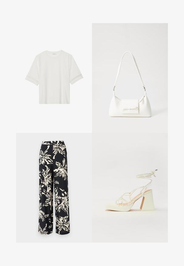 Balta trumpomis rankovėmis marškinėliai, pagaminti iš medvilnės, su dekoratyviais nėriniais aplink rankoves ir apvaliu kaklu.; Juodos plačios kojinės kelnės su dideliu kreminiu gėlių raštu. Dizainas apima aukštą liemenį ir laisvą siluetą.; Balti aukštakulniai sandalai su masyviu kulnu, su dirželių dizainu ir kulkšnies raiščiu. Lygi tekstūra su platforma priekyje, suteikianti papildomą aukštį.; Balta sintetinė rankinė trikampio formos, plokščiu priekiu su užsegimu, kaspino detale, reguliuojama dirželiu, lygia tekstūra ir minimalistišku dizainu.