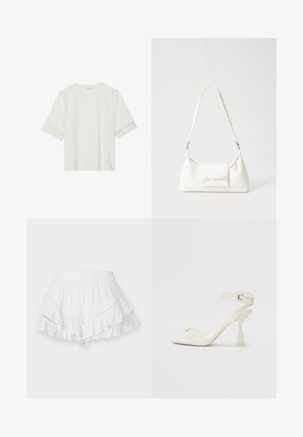 T-shirt blanc à manches courtes en coton, avec des bordures en dentelle décoratives le long des manches et un col rond.; Jupe blanche avec des volants superposés, fabriquée en tissu léger. Comprend des coutures décoratives le long des coutures et une taille ajustée.; Sandale à talons hauts à brides en cuir blanc avec un design épuré, un talon bloc transparent et un élément décoratif au niveau des orteils.; Sac à main synthétique blanc en forme triangulaire, avec un rabat avant plat et un détail en nœud, une bandoulière ajustable, une texture lisse et un design minimaliste.