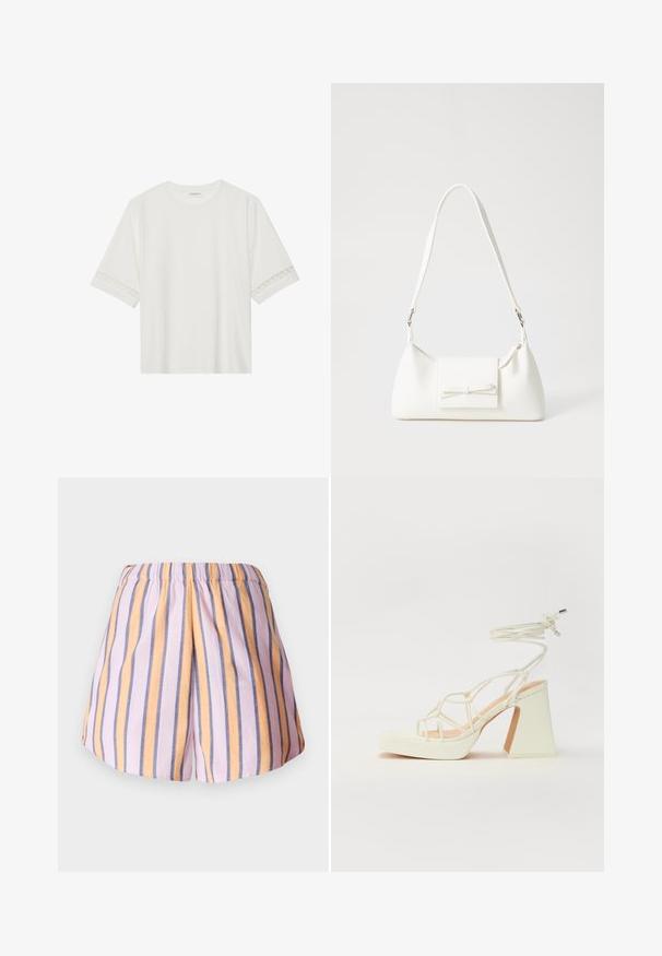 Fehér, rövid ujjas póló, pamutból készült, díszes csipkés szegéllyel az ujjak mentén és kerek nyakkivágással.; Csíkos sort, amely rózsaszín, narancssárga és kék függőleges csíkokkal rendelkezik, rugalmas derékkal és puha szövettextúrával.; Fehér, magassarkú szandál vastag sarokkal, pántos dizájnnal és bokapánttal. Sima textúra, elülső platformmal a megnövelt magasság érdekében.; Fehér szintetikus kézitáska, háromszög alakú, lapos előlap, masni részlettel, állítható pánttal, sima textúrával és minimalista dizájnnal.