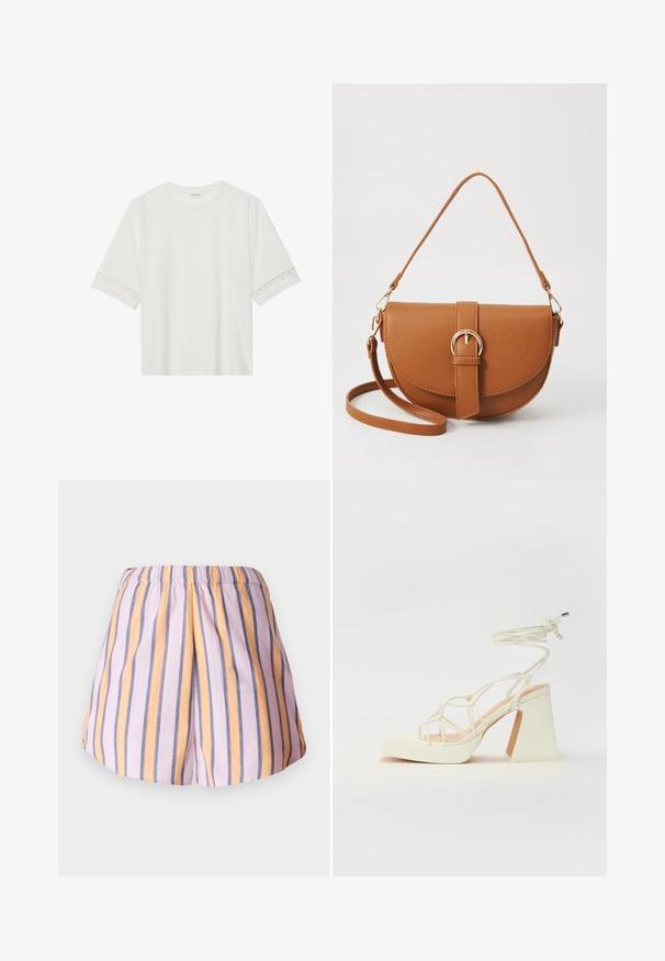Biele tričko s krátkym rukávom vyrobené z bavlny, s dekoratívnym čipkovým lemovaním pozdĺž rukávov a okrúhlym výstrihom.; Pruhované šortky s ružovými, oranžovými a modrými vertikálnymi pruhmi, s elastickým pásom a jemnou textúrou látky.; Biele sandále na vysokom opätku s hrubým podpätkom, s pruhovaným dizajnom a viazaním na členku. Hladký povrch s platformou vpredu pre zvýšenú výšku.; Hnedá kožená kabelka cez telo s zakriveným tvarom, zlatými kovovými doplnkami a akcentom s prackou. Obsahuje odnímateľný ramenný popruh.