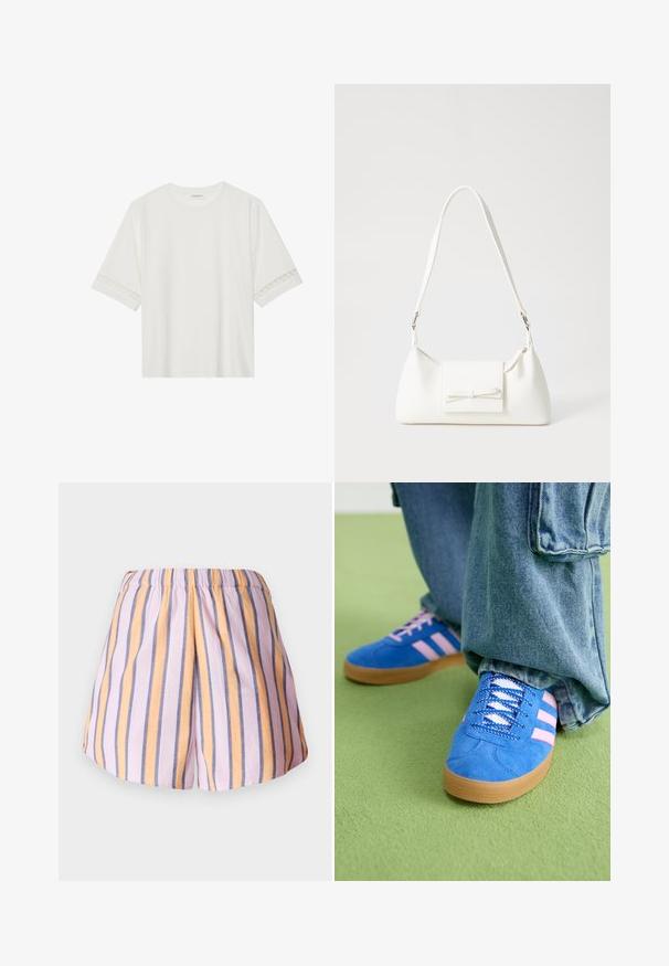 Valkoinen lyhythihainen t-paita, joka on valmistettu puuvillasta ja jossa on koristeellinen pitsireunus hihojen ympärillä sekä pyöreä pääntie.; Lyhyet housut, joissa on vaaleanpunaisia, oransseja ja sinisiä pystysuoria raitoja, pehmeästä kankaasta ja elastisella vyötäröosalla.; Siniset mokkakengät, joissa on vaaleanpunaiset raidat ja valkoiset nauhat, kumipohjalla, yhdistettyinä löysiin denimgyneihin vihreällä pinnalla.; Valkoinen synteettinen käsilaukku, jossa on kolmikulmainen muoto, tasainen etu läppä ja nauhadetail, säädettävä olkahihna, sileä rakenne ja minimalinen muotoilu.