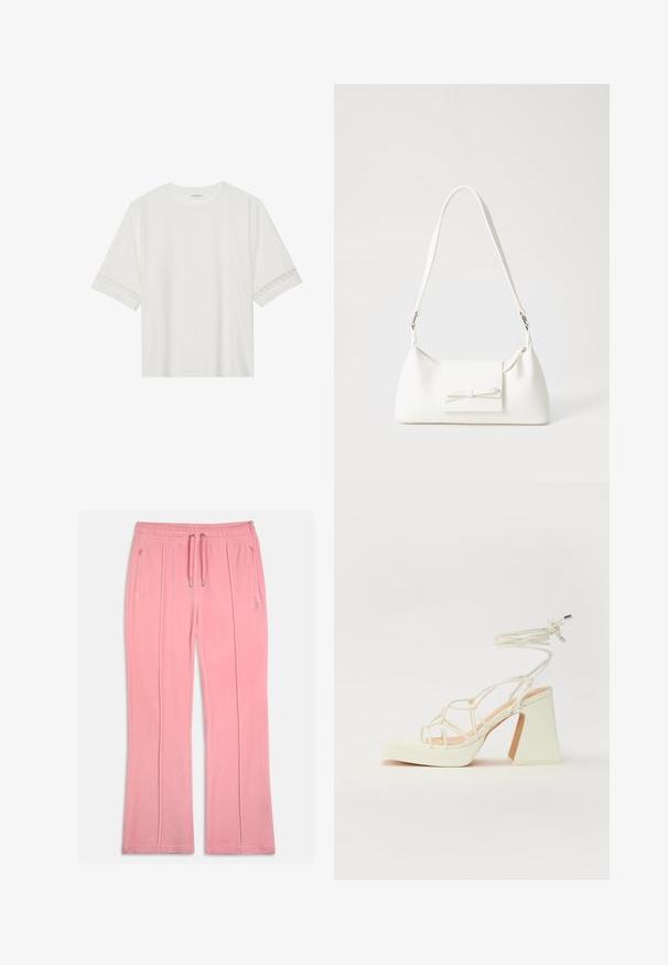 Balta trumpomis rankovėmis marškinėliai, pagaminti iš medvilnės, su dekoratyviais nėriniais aplink rankoves ir apvaliu kaklu.; Rožiniai velūro sportiniai kelnes su elastingu juosmeniu, raišteliu, dviem priekinių kišenėmis ir siuvinėjimu palei kojas.; Balti aukštakulniai sandalai su masyviu kulnu, su dirželių dizainu ir kulkšnies raiščiu. Lygi tekstūra su platforma priekyje, suteikianti papildomą aukštį.; Balta sintetinė rankinė trikampio formos, plokščiu priekiu su užsegimu, kaspino detale, reguliuojama dirželiu, lygia tekstūra ir minimalistišku dizainu.