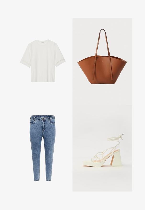 Biele tričko s krátkym rukávom vyrobené z bavlny, s dekoratívnym čipkovým lemovaním pozdĺž rukávov a okrúhlym výstrihom.; Modré denimové skinny džínsy s vysokým pásom, piatimi vreckami a zipsovým zapínaním. Tkanina má jemne bledý vzhľad s kontrastným prešívaním.; Biele sandále na vysokom opätku s hrubým podpätkom, s pruhovaným dizajnom a viazaním na členku. Hladký povrch s platformou vpredu pre zvýšenú výšku.; Hnedá kožená taška na rameno s širokým, štruktúrovaným tvarom, tenkými popruhmi a textúrovaným povrchom. Displej minimalistického dizajnu bez viditeľného hardvéru.