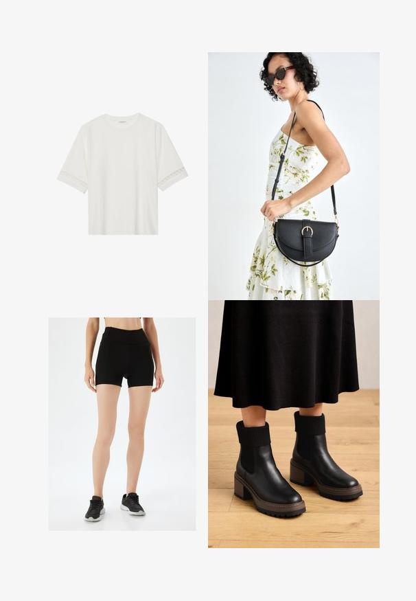 Valkoinen lyhythihainen t-paita, joka on valmistettu puuvillasta ja jossa on koristeellinen pitsireunus hihojen ympärillä sekä pyöreä pääntie.; Musta urheiluhousut, joissa on korkea vyötärö, tiukka muotoilu ja litteät saumat. Yhdistetty mustiin nauhakujiin urheilukenkiin, joissa on teksturoitu pinta.; Mustat nahka nilkkurit, joissa on ribbed-kankaiset varret, tukevat ruskeat korot ja teksturoitu pohja. Sileä pinta elastisilla sivupaneeleilla.; Musta nahkainen käsilaukku, joka on kaareva muotoilultaan, irrotettavalla hihnalla ja kultaisilla yksityiskohdilla. Laukussa on läppä, jossa on solk yksityiskohta.