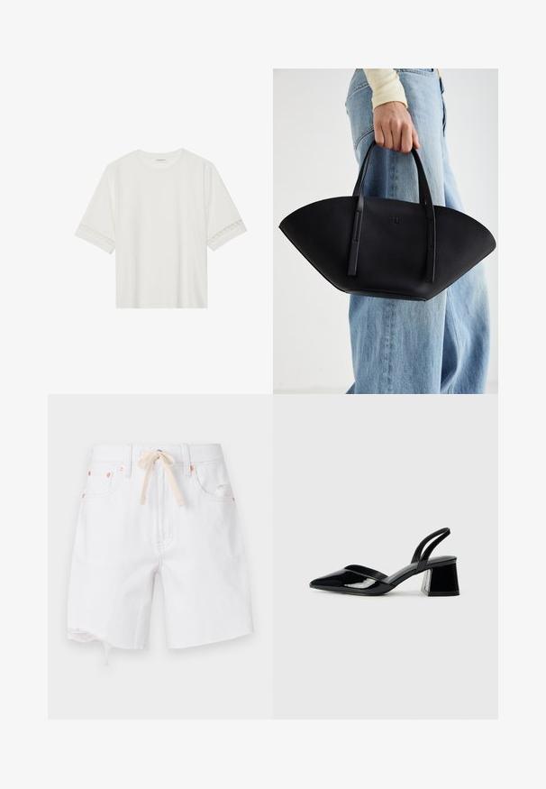 Fehér, rövid ujjas póló, pamutból készült, díszes csipkés szegéllyel az ujjak mentén és kerek nyakkivágással.; Fehér farmer rövidnadrág nyers szegéllyel, pamut keverék anyagból, bézs húzózsinórral. Réz színű kiegészítők és oldalsó zsebek jellemzik.; Fekete lakk bőr szandálkés magas sarkú cipő, hegyes orral és geometrikus tömbsarkakkal. Karcsú, minimalista dizájn és sima textúra jellemzi.; Fekete bőr kézitáska egyedi legyezőformával, lapos füllel. A felülete kőriszerű textúrájú és minimalista dizájnnal rendelkezik.