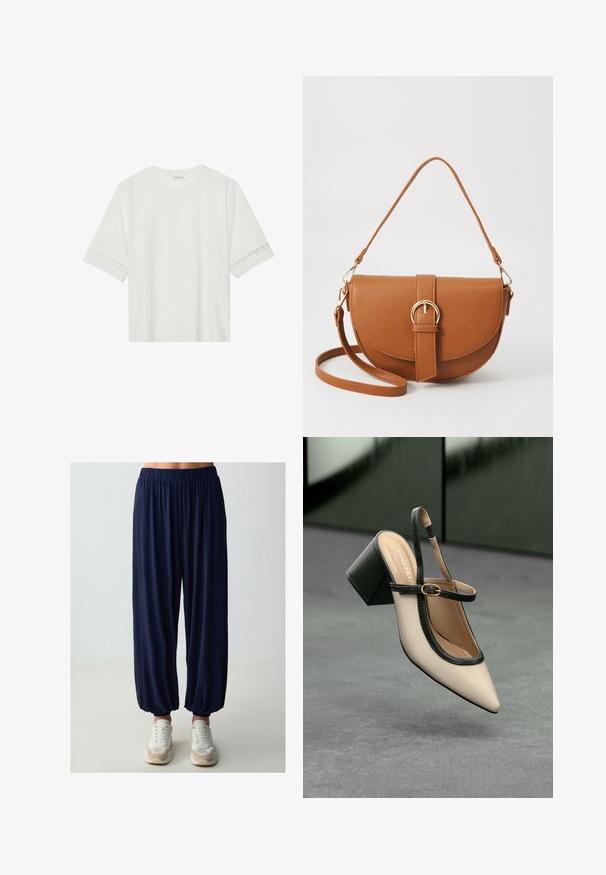 T-shirt bianco a maniche corte in cotone, con bordi in pizzo decorativi lungo le maniche e scollo rotondo.; Pantaloni navy blue con vita elastica, dalla vestibilità ampia e tapered e caviglie arricciate, abbinati a scarpe sportive bianche. Tessuto dalla struttura liscia.; Scarpa beige con punta a stivale, con rifiniture nere, fibbia dorata e tacco a blocco spesso su un pavimento grigio con sfondo verde scuro.; Borsa a tracolla in pelle marrone con forma curvata, hardware dorato e un dettaglio con fibbia. Presenta una tracolla rimovibile.