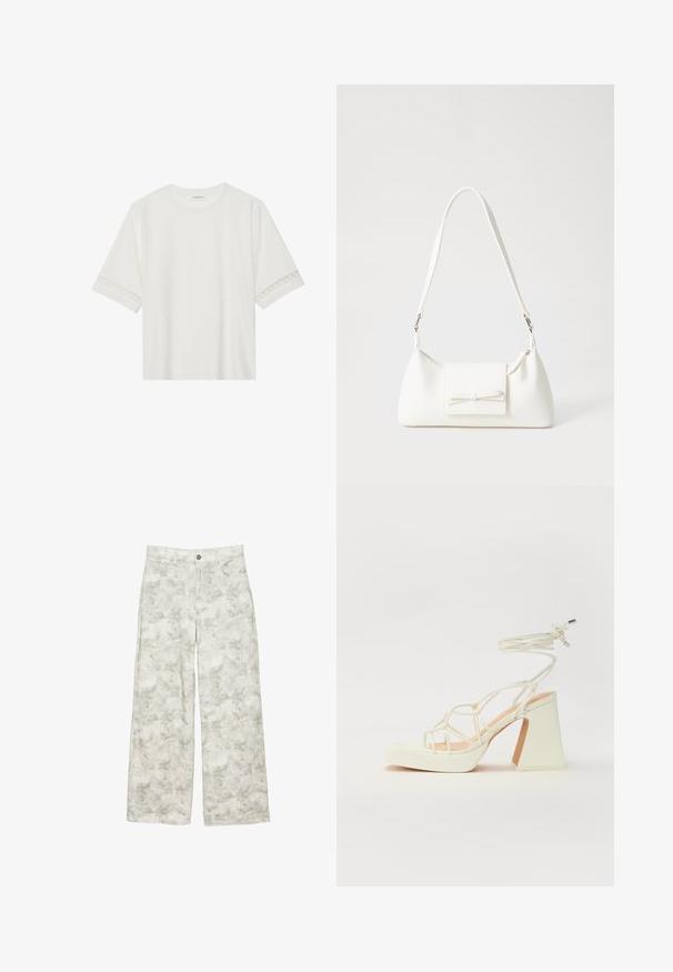 Bela kratka majica s kratkimi rokavi iz bombaža, okrašena z dekorativnim čipkastim robom ob rokavih in okroglo izrezom.; Bele široke kavbojke z diskretnim cvetnim vzorcem v sivi in svetlo zeleni barvi, z zasnovo petih žepov in srebrnim gumbom za zapiranje.; Bela sandala na visokih petah s debelim petam, ki ima obliko trakcev in vezanje okoli gležnja. Gladka tekstura z platformo spredaj za dodatno višino.; Bela sintetična torbica v obliki trikotnika, z ravnim sprednjim poklopcem in detajlom mašne, nastavljivim trakom, gladko teksturo in minimalističnim dizajnom.