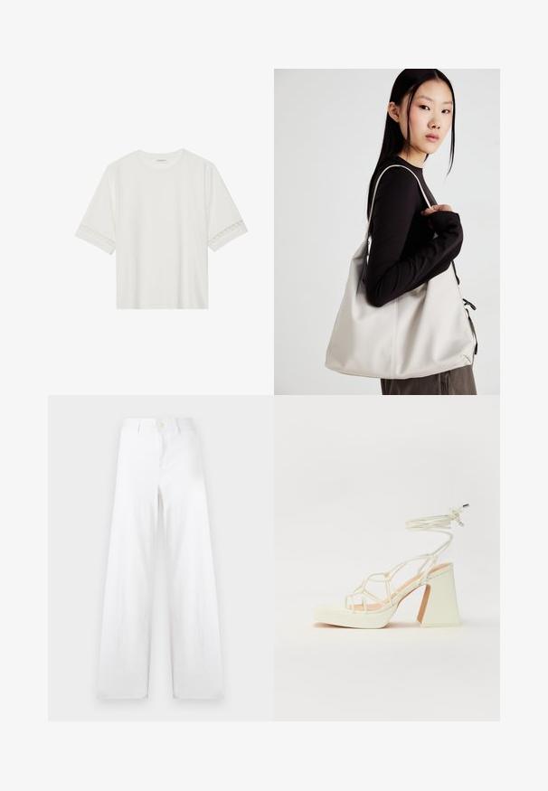 White short-sleeve t-shirt made from cotton, featuring decorative lace trim along the sleeves and a round neckline.; White wide-leg pants made of cotton, featuring a button closure and clean lines. The fabric has a soft texture with a smooth finish.; White high-heeled sandal with a chunky heel, featuring a strappy design and ankle tie. Smooth texture with a platform front for added height.; Beige handbag made of soft material, featuring a slouchy design, stitched detailing, and two shoulder straps. Suitable for everyday use.