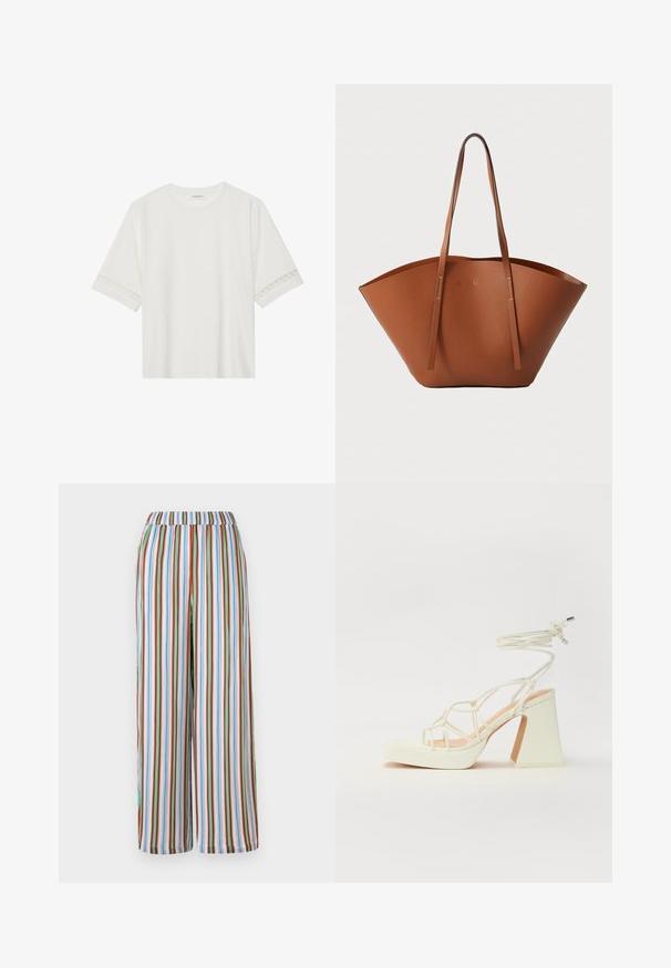 Biele tričko s krátkym rukávom vyrobené z bavlny, s dekoratívnym čipkovým lemovaním pozdĺž rukávov a okrúhlym výstrihom.; Pruhované nohavice so širokými nohavicami a elastickým pásom. Obsahujú farebné vertikálne pruhy v modrej, červenej, zelenej a bielej farbe na ľahkej látke.; Biele sandále na vysokom opätku s hrubým podpätkom, s pruhovaným dizajnom a viazaním na členku. Hladký povrch s platformou vpredu pre zvýšenú výšku.; Hnedá kožená taška na rameno s širokým, štruktúrovaným tvarom, tenkými popruhmi a textúrovaným povrchom. Displej minimalistického dizajnu bez viditeľného hardvéru.