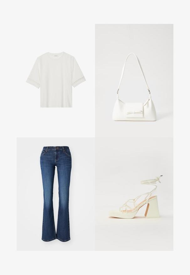 T-shirt branco de manga curta feito de algodão, com bainha de renda decorativa nas mangas e decote redondo.; Calças de ganga flare em lavagem azul médio, com uma textura suave, cintura média e design tradicional de cinco bolsos com detalhes em metal.; Sandálias brancas de salto alto com um salto robusto, apresentando um design com tiras e amarração no tornozelo. Textura suave com uma plataforma na frente para altura adicional.; Mala sintética branca com formato triangular, aba frontal plana e detalhe de laço, alça ajustável, textura suave e design minimalista.