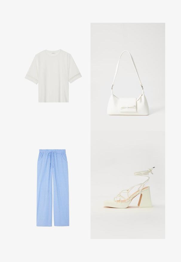 Bílé tričko s krátkým rukávem vyrobené z bavlny, s dekorativní krajkovou aplikací na rukávech a kulatým výstřihem.; Modré pyžamové kalhoty s vertikálním pruhovaným vzorem a malými geometrickými designy. Obsahují elastický pas se šňůrkou a boční kapsy.; Bílé sandály na vysokém podpatku s robustním podpatkem, s designem s pásky a zavazováním kolem kotníku. Hladký povrch s platformou vpředu pro zvýšení výšky.; Bílá syntetická kabelka v trojúhelníkovém tvaru, s plochým předním klopným víkem a detailem mašle, nastavitelným popruhem, hladkým povrchem a minimalistickým designem.