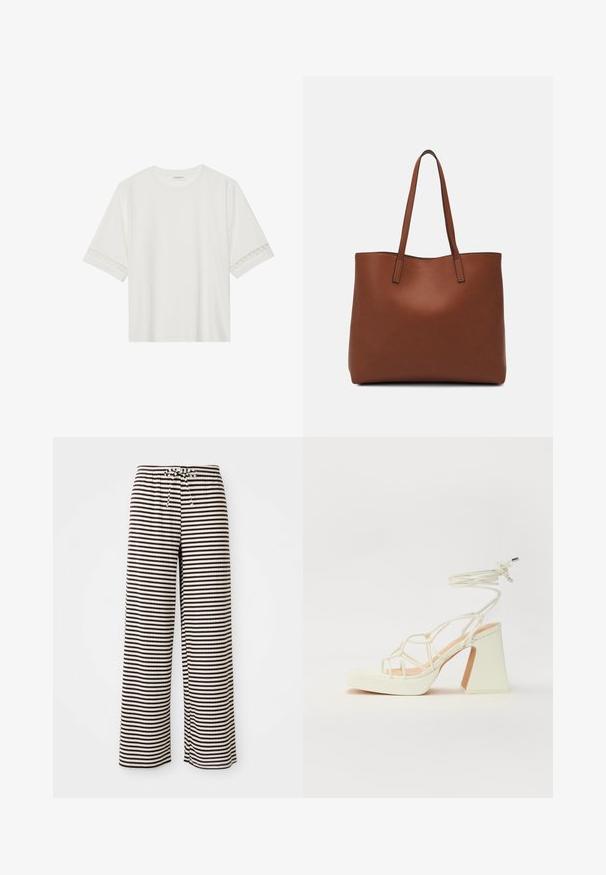 Balta īsām piedurknēm T-kreklu, izgatavotu no kokvilnas, ar dekoratīvu mežģīņu apdari ap piedurknēm un apaļu kakla izgriezumu.; Svītraini pidžamu bikses ar brīvu piegriezumu, izgatavotas no mīksta auduma. Iezīmējas ar mainīgām brūnām un krēmkrāsas horizontālām svītrām, kā arī elastīgu jostu ar auklu.; Baltas augstpapēžu sandales ar masīvu papēdi, ar siksnu dizainu un potītes saistītiem elementiem. Gluda tekstūra ar platformu priekšpusē, lai nodrošinātu papildu augstumu.; Brūna ādas iepirkumu soma ar gludu tekstūru, atvērta augšdaļa un divas plecu siksnas. Izceļas ar minimālām šuvēm un redzamu aparatūru nav.