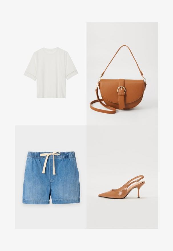 Bela kratka majica s kratkimi rokavi iz bombaža, okrašena z dekorativnim čipkastim robom ob rokavih in okroglo izrezom.; Jeans kratke hlače v svetlo modri barvi z elastičnim pasom, nastavljivim bež vrvico in gladko teksturo, z zavitimi robovi.; Slinčaste pete z ostro konico v gladkem, sijočem bež materialu. Imajo ukrivljen rez in vitko stiletto peto. Podrobnost s srebrno zaponko.; Rjava usnjena torbica prek telesa s ukrivljeno obliko, zlate opreme in sponko. Ima odstranljiv naramni trak.