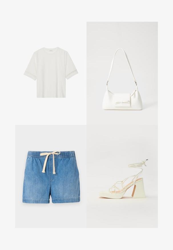 Biele tričko s krátkym rukávom vyrobené z bavlny, s dekoratívnym čipkovým lemovaním pozdĺž rukávov a okrúhlym výstrihom.; Džínové šortky v svetlomodrej farbe s elastickým pásom, nastaviteľnou béžovou šnúrkou a hladkou textúrou, s rolovanými okrajmi.; Biele sandále na vysokom opätku s hrubým podpätkom, s pruhovaným dizajnom a viazaním na členku. Hladký povrch s platformou vpredu pre zvýšenú výšku.; Biela syntetická kabelka s trojuholníkovým tvarom, plochým predným klapkou a detailom mašle, nastaviteľným popruhom, hladkou textúrou a minimalistickým dizajnom.