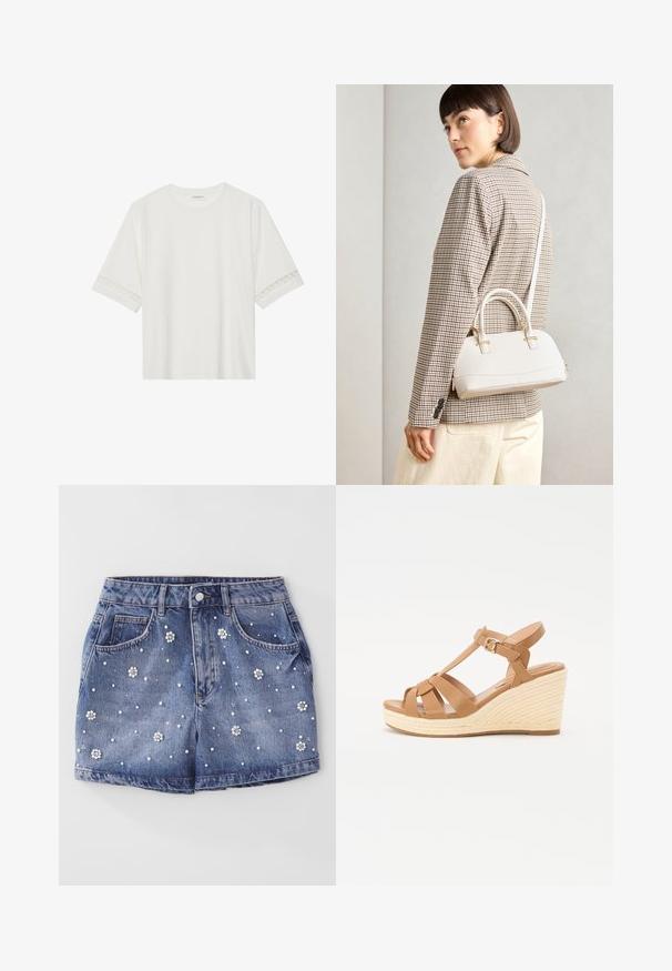 Bela kratka majica s kratkimi rokavi iz bombaža, okrašena z dekorativnim čipkastim robom ob rokavih in okroglo izrezom.; Jeans kratke hlače svetlo modre barve z dekorativnimi perlastimi in cvetličnimi okrasnimi elementi po tkanini ter tradicionalnim dizajnom s petimi žepi.; Sandalice z večjim peto v bež barvi z navzkrižno naramnicami, nastavljivim paščkom okoli gležnja in teksturirano pleteno espadrillo-stil peto.; Bela strukturirana torba z kratkimi ročaji in naramnim trakom, z zlatimi okrasnimi elementi in teksturiranim materialom, prikazana na sivi podlagi.
