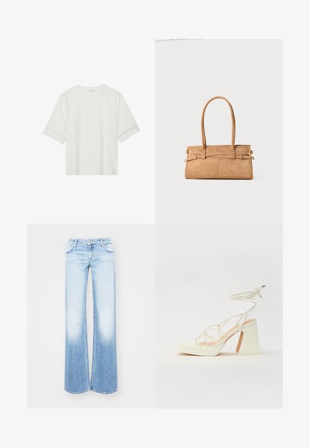 Tricou alb cu mânecă scurtă, confecționat din bumbac, cu dantelă decorativă pe marginea mânecilor și un guler rotund.; Jeans din denim albastru deschis, cu picior flared și o decolorare treptată. Prezintă un design clasic cu cinci buzunare și închidere cu buton metalic la talie.; Sandale albe cu toc înalt și gros, cu un design cu curele și legătură la gleznă. Textură netedă, cu o platformă frontală pentru înălțime suplimentară.; Geantă din suede de culoare bej, cu două mânere lungi, formă rectangulară și cusături decorative. Dispune de o curea laterală și detalii subtile din aur.