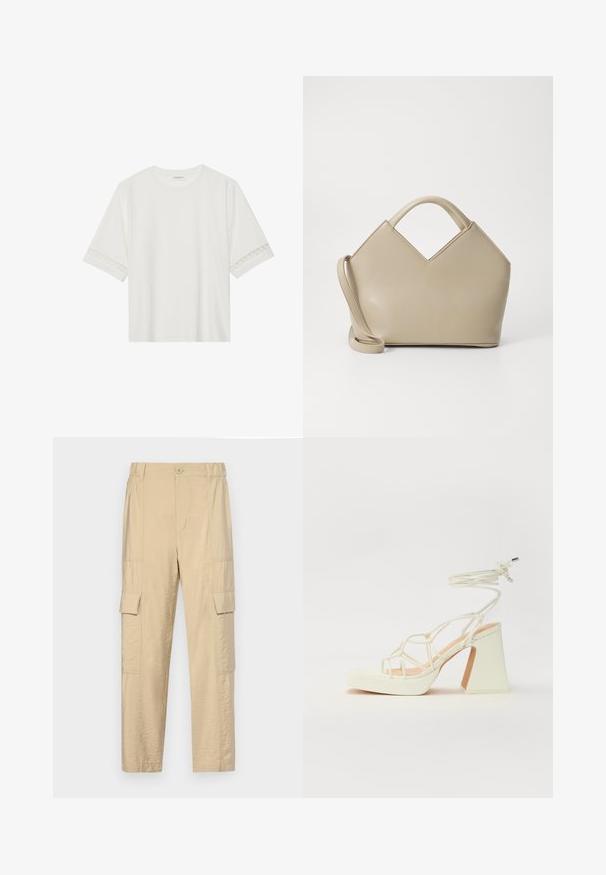 Bjela majica kratkih rukava od pamuka, s dekorativnom čipkastom obrubom duž rukava i okruglim izrezom.; Bež cargo hlače od lagane, naborane tkanine s visokim strukom i dva bočna džepa s preklopima na obje nogavice.; Bijela sandala na visokoj potpetici s debelim petom, s remenom i vezanjem oko gležnja. Glatka tekstura s platformom sprijeda za dodatnu visinu.; Bež torba sa strukturom i V-oblikovanim vrhom, napravljena od glatke kože, sa kratkim drškama i dugim podesivim remenom. Minimalistički dizajn.