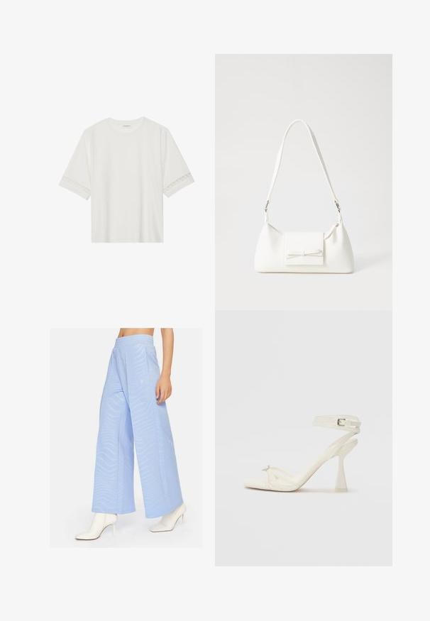 Balta trumpomis rankovėmis marškinėliai, pagaminti iš medvilnės, su dekoratyviais nėriniais aplink rankoves ir apvaliu kaklu.; Cardio Bunny VIBE - Kelnės - blue; Baltos odinės aukštakulnės sandalai su dirželiais, elegantiško dizaino, skaidriu blokiniu kulnu ir dekoratyviu elementu ant piršto.; Balta sintetinė rankinė trikampio formos, plokščiu priekiu su užsegimu, kaspino detale, reguliuojama dirželiu, lygia tekstūra ir minimalistišku dizainu.