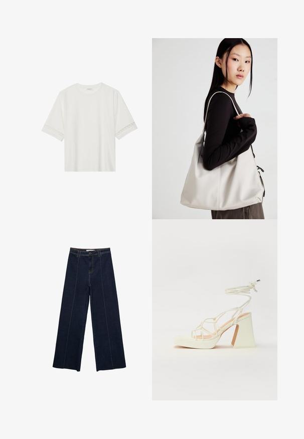 Bílé tričko s krátkým rukávem vyrobené z bavlny, s dekorativní krajkovou aplikací na rukávech a kulatým výstřihem.; Široké tmavé džíny s kontrastním šitím, vysokým pasem a rovnými nohavicemi. Obsahují přední kapsy a klasické zapínání na knoflík.; Bílé sandály na vysokém podpatku s robustním podpatkem, s designem s pásky a zavazováním kolem kotníku. Hladký povrch s platformou vpředu pro zvýšení výšky.; Beige kabelka vyrobená z měkkého materiálu, s volným designem, prošívanými detaily a dvěma ramenními popruhy. Vhodná pro každodenní použití.