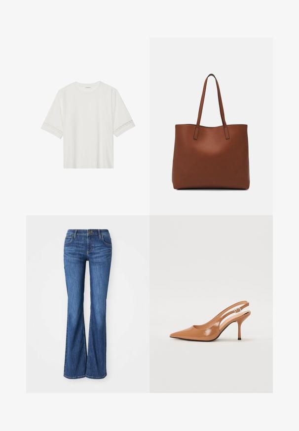 White short-sleeve t-shirt made from cotton, featuring decorative lace trim along the sleeves and a round neckline.; Blue denim bootcut jeans with front pockets, button closure, and belt loops, displayed on a white background.; Pointed toe slingback heel in a smooth, glossy tan material. Features a curved cutout design and a slender stiletto heel. Silver buckle detail.; Brown leather tote bag with a smooth texture, open top design, and two shoulder straps. Features minimal stitching and no visible hardware.