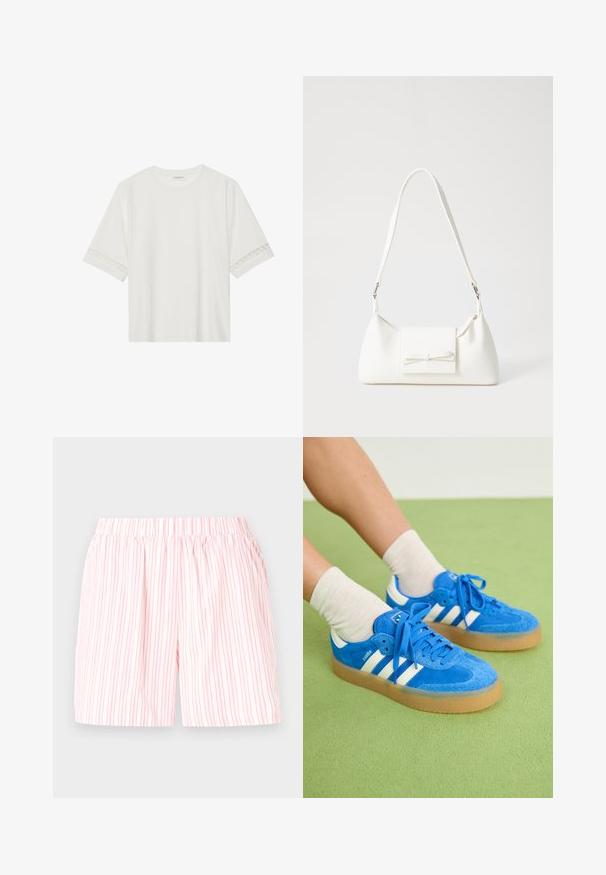 Balta īsām piedurknēm T-kreklu, izgatavotu no kokvilnas, ar dekoratīvu mežģīņu apdari ap piedurknēm un apaļu kakla izgriezumu.; Vieglas kokvilnas šortus ar rozā un baltām vertikālām svītrām, kas aprīkoti ar elastīgu jostu ērtai valkāšanai.; Zilas zamšsneakers ar baltām apdare, gumijas zole, apaļā purngalā un auduma šņorēm. Saskaņoti ar krēmkrāsas zeķēm uz zaļas virsmas.; Balta sintētiska soma ar trīsstūrveida formu, plakanu priekšējo vāciņu un loku detaļu, regulējamu siksnu, gludu tekstūru un minimālistisku dizainu.