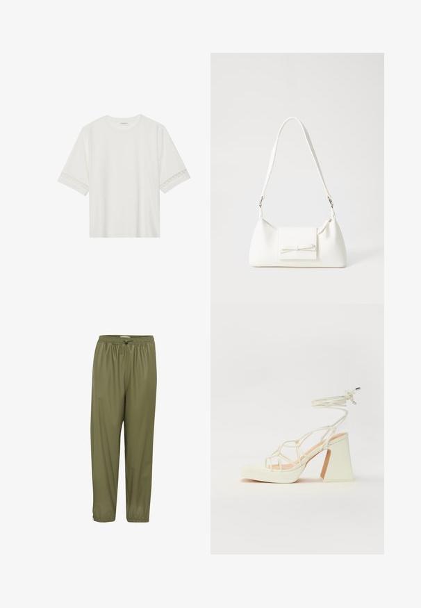 T-shirt bianco a maniche corte in cotone, con bordi in pizzo decorativi lungo le maniche e scollo rotondo.; Pantaloni leggeri di colore verde oliva con vita elasticizzata, cordoncino e caviglie affusolate. Tessuto liscio con una finitura lucida.; Sandalo bianco con tacco alto, caratterizzato da un design a cinturini e un legaccio alla caviglia. Texture liscia con una piattaforma frontale per un'altezza aggiuntiva.; Borsa sintetica bianca a forma triangolare, con patta anteriore piatta e dettaglio a fiocco, tracolla regolabile, texture liscia e design minimalista.