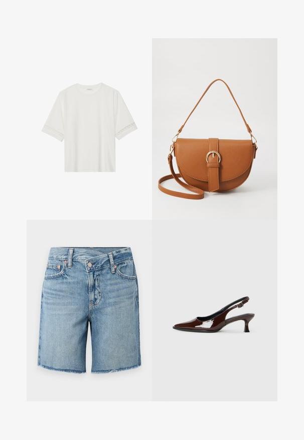 Balta trumpomis rankovėmis marškinėliai, pagaminti iš medvilnės, su dekoratyviais nėriniais aplink rankoves ir apvaliu kaklu.; Šviesiai mėlyni džinsiniai šortai su nuplyšusiu kraštu, penkių kišenų dizainu ir klasikinėmis mygtukų užsegimais, pasižymintys subtiliu blukimu ir kontrastinga siūle.; Rudos lakuoti odiniai slingback batai su smailiu pirštu ir vidutinio aukščio kulnu. Yra sagties dirželis, užtikrinantis tvirtą prigludimą. Lygus paviršius.; Ruda odinė kryžminė rankinė, turinti kreivą formą, auksinius metalinius elementus ir sagtį. Yra nuimama petneša.