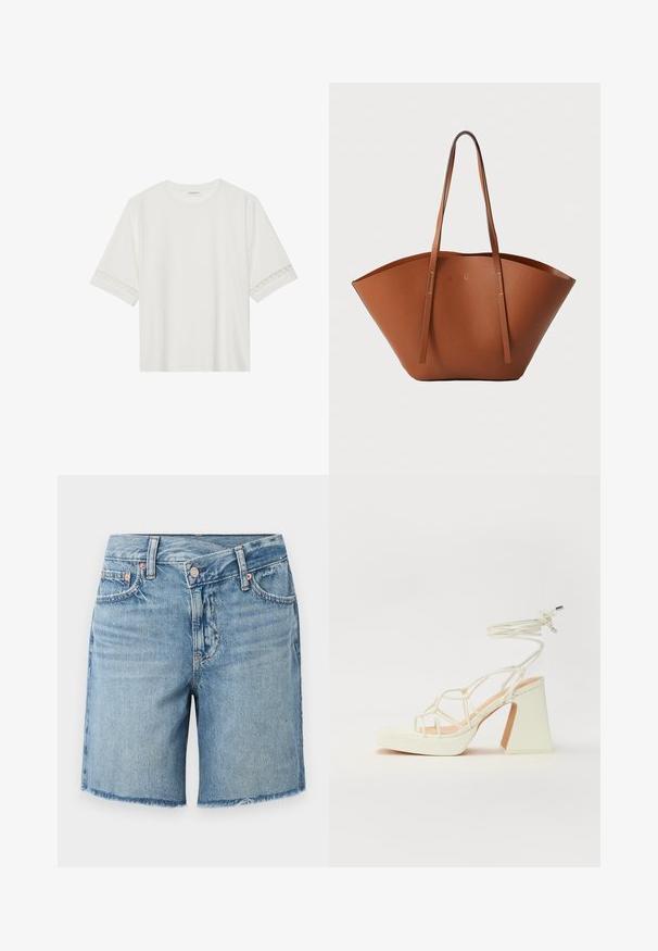 White short-sleeve t-shirt made from cotton, featuring decorative lace trim along the sleeves and a round neckline.; Light blue denim shorts with a frayed hem, five-pocket design, and classic button closure, featuring subtle fading and contrast stitching.; White high-heeled sandal with a chunky heel, featuring a strappy design and ankle tie. Smooth texture with a platform front for added height.; Brown leather tote bag with a wide, structured shape, thin handles, and a textured finish. Features minimalistic design with no visible hardware.