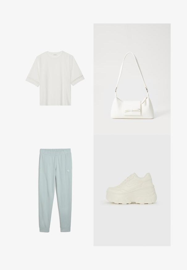 Balta trumpomis rankovėmis marškinėliai, pagaminti iš medvilnės, su dekoratyviais nėriniais aplink rankoves ir apvaliu kaklu.; Šviesiai mėlynos sportinės kelnės su elastingu juosmeniu, šoninėmis kišenėmis ir maža logotipo etiketė kairiame šlaunyje. Lygus audinys ir siaurėjantis siluetas.; Baltos platformos sportbačiai su lygiu odos primenančiu paviršiumi, apvalia forma, paminkštintu apykakle ir tekstūruotu guminiu padu su ryškiais protektoriais.; Balta sintetinė rankinė trikampio formos, plokščiu priekiu su užsegimu, kaspino detale, reguliuojama dirželiu, lygia tekstūra ir minimalistišku dizainu.
