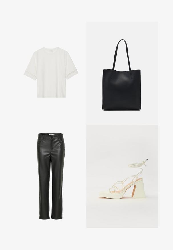 White short-sleeve t-shirt made from cotton, featuring decorative lace trim along the sleeves and a round neckline.; Black leather pants with a straight-leg design, featuring front pockets and a button closure. Smooth texture with a sleek appearance.; White high-heeled sandal with a chunky heel, featuring a strappy design and ankle tie. Smooth texture with a platform front for added height.; Black leather tote bag with smooth texture, rectangular shape, and two long handles. No visible hardware or embellishments.