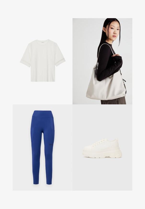 Bílé tričko s krátkým rukávem vyrobené z bavlny, s dekorativní krajkovou aplikací na rukávech a kulatým výstřihem.; Námořnické modré legíny na cvičení s vysokým pasem, bočními kapsami a diskrétním logem. Vyrobené z pružné, hladké látky s přiléhavým střihem.; Bílé plátěné tenisky s robustní podrážkou, zaoblenou špičkou a pěti otvory pro tkaničky. Zádový pásek pro snadné obouvání. Hladký povrch, minimalistický design.; Beige kabelka vyrobená z měkkého materiálu, s volným designem, prošívanými detaily a dvěma ramenními popruhy. Vhodná pro každodenní použití.