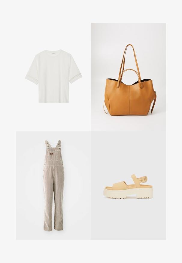 Hvit t-skjorte med kort erme laget av bomull, med dekorativ blondekant langs ermene og en rund halslinning.; Stripete bukser laget av vevet stoff i beige og brunt, med justerbare stropper, frontlomme og sideknapper.; Gule faux lær sandaler med en chunky hvit plattformsåle. Har to brede stropper og en justerbar ankelstropp med metallspenne.; Brun skinnveske med teksturert overflate, bred åpning og to lange håndtak. Har et enkelt design og minimalt med beslag.