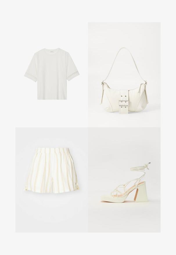 Fehér, rövid ujjas póló, pamutból készült, díszes csipkés szegéllyel az ujjak mentén és kerek nyakkivágással.; Fehér rövidnadrág vékony sárga függőleges csíkokkal, rugalmas derékkal és oldalsó hasítékokkal. Könnyű, lélegző anyagból készült.; Fehér, magassarkú szandál vastag sarokkal, pántos dizájnnal és bokapánttal. Sima textúra, elülső platformmal a megnövelt magasság érdekében.; Fehér válltáska texturált felülettel, középen csattogó részlettel és íves formával. Cipzáras záródás mindkét oldalon.