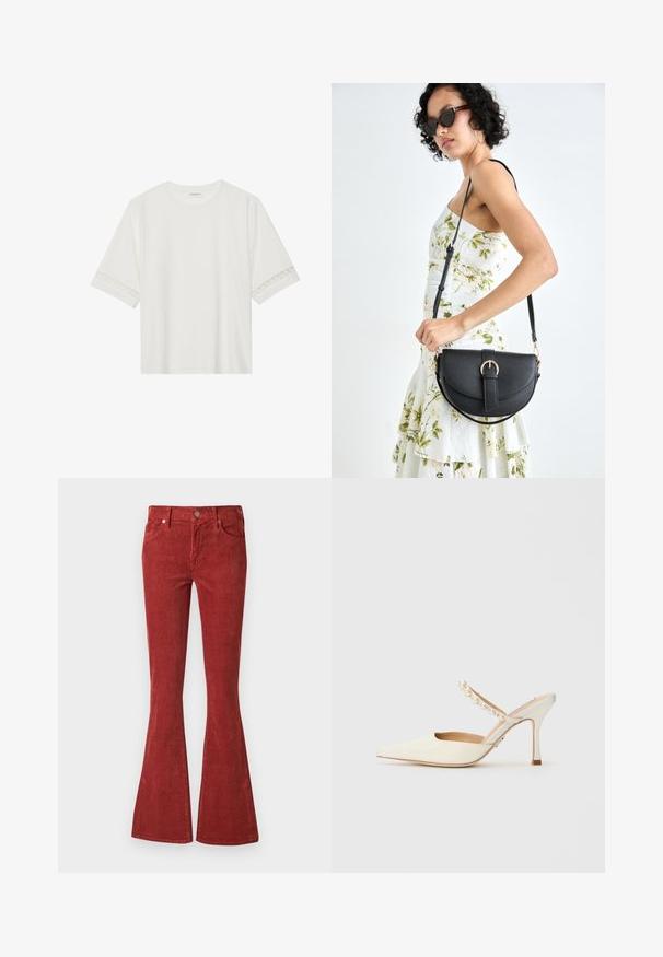 Tricou alb cu mânecă scurtă, confecționat din bumbac, cu dantelă decorativă pe marginea mânecilor și un guler rotund.; Blugi evazați din catifea roșie prezintă un talie înaltă, închidere cu buton în față și două buzunare. Materialul are o textură cu dungi verticale.; Steve Madden BRECKI - Papuci înalți - ivory; Geantă din piele neagră, cu o formă curbată, curea detașabilă și accesorii aurii. Geanta are un capac cu un detaliu tip cataramă.