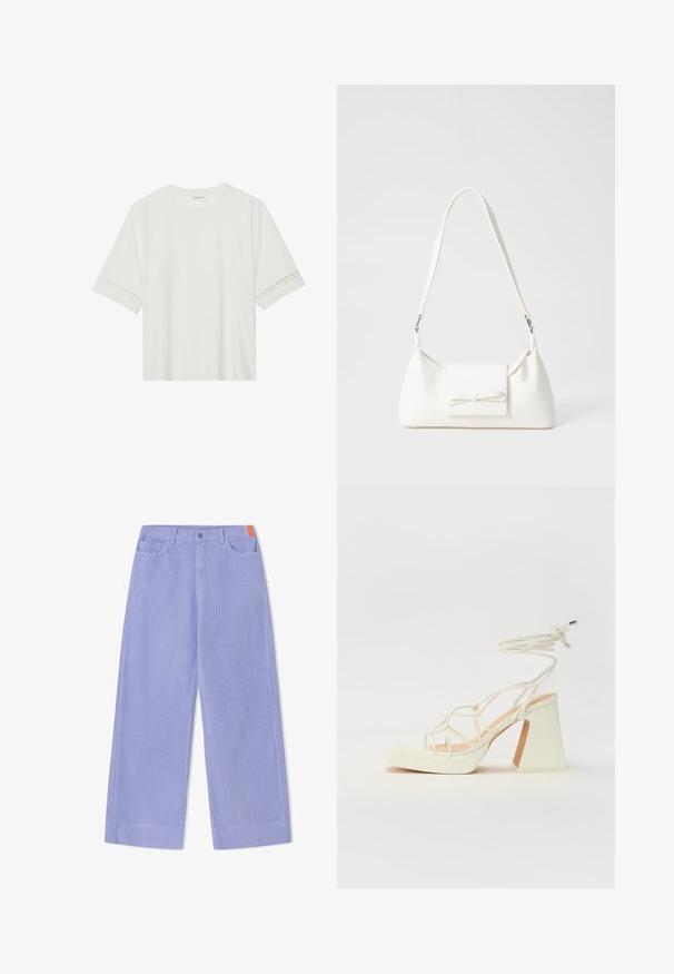 Biała, krótka koszulka z bawełny z dekoracyjnym koronkowym wykończeniem przy rękawach i okrągłym dekoltem.; Spodnie o szerokich nogawkach wykonane z jasnofioletowego prążkowanego materiału, z przednim zapięciem na guziki, dwoma kieszeniami i pomarańczowym akcentem na pasku.; Biała sandał na wysokim obcasie z masywnym słupkiem, z paskowym wzorem i wiązaniem przy kostce. Gładka faktura z platformą z przodu dla dodatkowej wysokości.; Biała syntetyczna torba o trójkątnym kształcie, płaskim przednim klapce i detalach w postaci kokardy, regulowanym pasku, gładkiej fakturze oraz minimalistycznym designie.