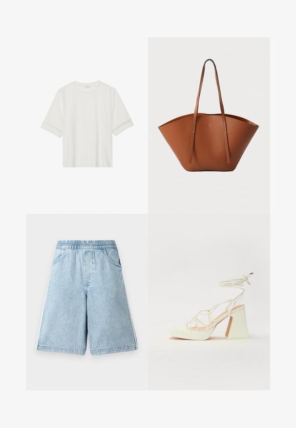 Fehér, rövid ujjas póló, pamutból készült, díszes csipkés szegéllyel az ujjak mentén és kerek nyakkivágással.; Világoskék farmer rövidnadrág, elasztikus derékkal, oldalsó zsebekkel és fehér oldalsávokkal, laza fazonnal és sima textúrával.; Fehér, magassarkú szandál vastag sarokkal, pántos dizájnnal és bokapánttal. Sima textúra, elülső platformmal a megnövelt magasság érdekében.; Barna bőr táska széles, struktúrált formával, vékony fogantyúkkal és texturált felülettel. Minimalista dizájnnal rendelkezik, látható fémrészek nélkül.