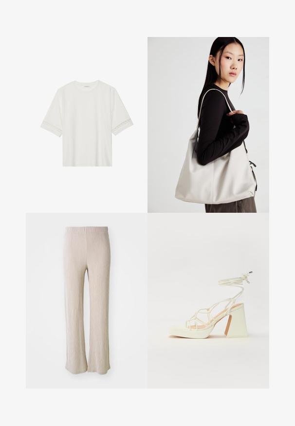Hvit t-skjorte med kort erme laget av bomull, med dekorativ blondekant langs ermene og en rund halslinning.; Beige vide bukser laget av strukturelt stoff med vertikale striper. Har elastisk midje og en behagelig passform gjennom bena.; Hvit høyhælte sandal med kraftig hæl, med en stroppe-design og ankelbånd. Glatt tekstur med plattform foran for ekstra høyde.; Beige håndveske laget av mykt materiale, med en slapp design, sydd detaljer og to skulderstropper. Passer for daglig bruk.