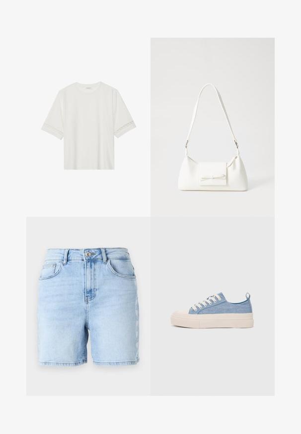 T-shirt branco de manga curta feito de algodão, com bainha de renda decorativa nas mangas e decote redondo.; Shorts de ganga azul-claro com cintura alta, bainha desfeita, cinco bolsos e padrão de costura decorativa nas laterais. Feitos de tecido de algodão.; Ténis de lona azul claro com uma biqueira e sola de borracha creme, apresentando atacadores brancos e uma alça na parte de trás.; Mala sintética branca com formato triangular, aba frontal plana e detalhe de laço, alça ajustável, textura suave e design minimalista.