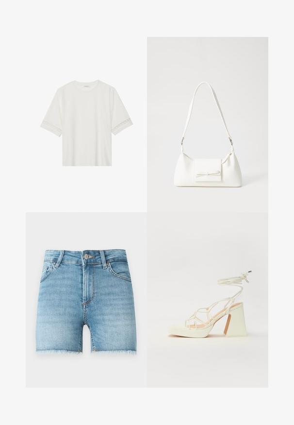 Tricou alb cu mânecă scurtă, confecționat din bumbac, cu dantelă decorativă pe marginea mânecilor și un guler rotund.; Șorturi din denim de culoare bleu deschis, cu margini brut, cinci buzunare și închidere cu nasture frontal. Prezintă o ușoară decolorare și un croi clasic.; Sandale albe cu toc înalt și gros, cu un design cu curele și legătură la gleznă. Textură netedă, cu o platformă frontală pentru înălțime suplimentară.; Geantă sintetică albă, cu formă triangulară, capac frontal plat și detaliu cu fundă, curea ajustabilă, textură netedă și design minimalist.
