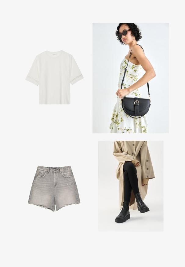 T-shirt blanc à manches courtes en coton, avec des bordures en dentelle décoratives le long des manches et un col rond.; Shorts en denim gris avec une taille haute, un ourlet effiloché, un léger effet usé et un design classique à cinq poches.; Bottes noires en cuir à lacets, avec une semelle compensée, et un legging noir texturé, portées avec un trench beige clair.; Sac à main en cuir noir avec une forme courbée, bandoulière amovible et des accessoires en or. Le sac est doté d'un rabat avec un détail de boucle.