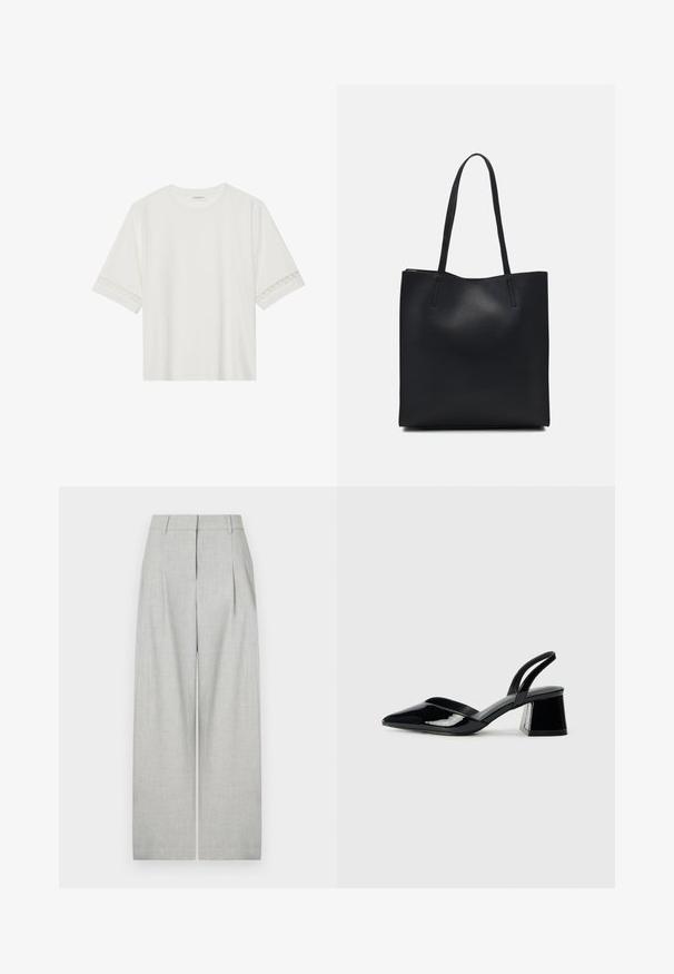Fehér, rövid ujjas póló, pamutból készült, díszes csipkés szegéllyel az ujjak mentén és kerek nyakkivágással.; Világosszürke, széles lábú nadrág textúrált anyagból, elöl redőkkel, tiszta derékpánttal és látható zsebek nélkül.; Fekete lakk bőr szandálkés magas sarkú cipő, hegyes orral és geometrikus tömbsarkakkal. Karcsú, minimalista dizájn és sima textúra jellemzi.; Fekete bőrtáska sima felszínnel, téglalap alakú, két hosszú füllel. Nincs látható fémkiegészítő vagy díszítés.