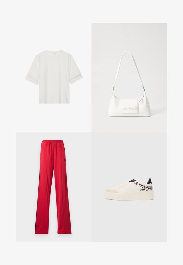 White short-sleeve t-shirt made from cotton, featuring decorative lace trim along the sleeves and a round neckline.; Gap Tall TRACK PANT - Tracksuit bottoms - modern red; Even&Odd Trainers - white/black; White synthetic handbag with a triangular shape, flat front flap and bow detail, adjustable strap, smooth texture, and minimalistic design.