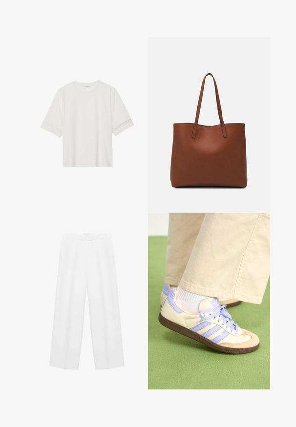 Bílé tričko s krátkým rukávem vyrobené z bavlny, s dekorativní krajkovou aplikací na rukávech a kulatým výstřihem.; Široké bílé kalhoty s hladkým povrchem, mají vysoký pas a dvě boční kapsy. Jednoduchý design bez viditelných vzorů.; Krémové a levandulové tenisky se třemi pruhy a texturovanou hnědou podrážkou, vybavené tkaničkami a polstrovanou patou. Měkký textilní svršek.; Hnědá kožená taška přes rameno s hladkou texturou, otevřeným designem a dvěma ramenními popruhy. Obsahuje minimální švy a žádné viditelné kovové prvky.