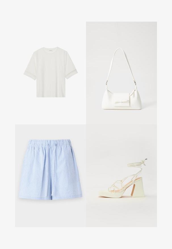 Hvit t-skjorte med kort erme laget av bomull, med dekorativ blondekant langs ermene og en rund halslinning.; Lyseblå stripete shorts med elastisk midje og snor. Laget av mykt stoff med en avslappet passform og plisserte detaljer.; Hvit høyhælte sandal med kraftig hæl, med en stroppe-design og ankelbånd. Glatt tekstur med plattform foran for ekstra høyde.; Hvit syntetisk håndveske med trekantet form, flat klaff foran og sløyfe detaljer, justerbar stropp, glatt tekstur og minimalistisk design.