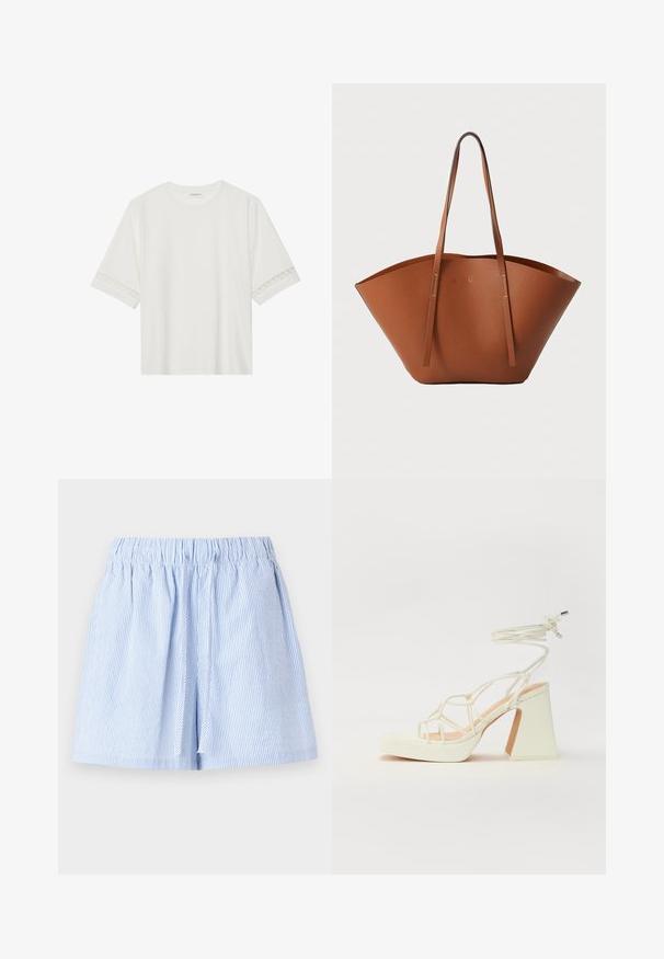 T-shirt bianco a maniche corte in cotone, con bordi in pizzo decorativi lungo le maniche e scollo rotondo.; Shorts a righe blu chiaro con vita elasticizzata e dettaglio con coulisse. Realizzati in tessuto morbido con vestibilità comoda e design plissettato.; Sandalo bianco con tacco alto, caratterizzato da un design a cinturini e un legaccio alla caviglia. Texture liscia con una piattaforma frontale per un'altezza aggiuntiva.; Borsa tote in pelle marrone con una forma ampia e strutturata, manici sottili e una finitura testurizzata. Presenta un design minimalista senza hardware visibile.